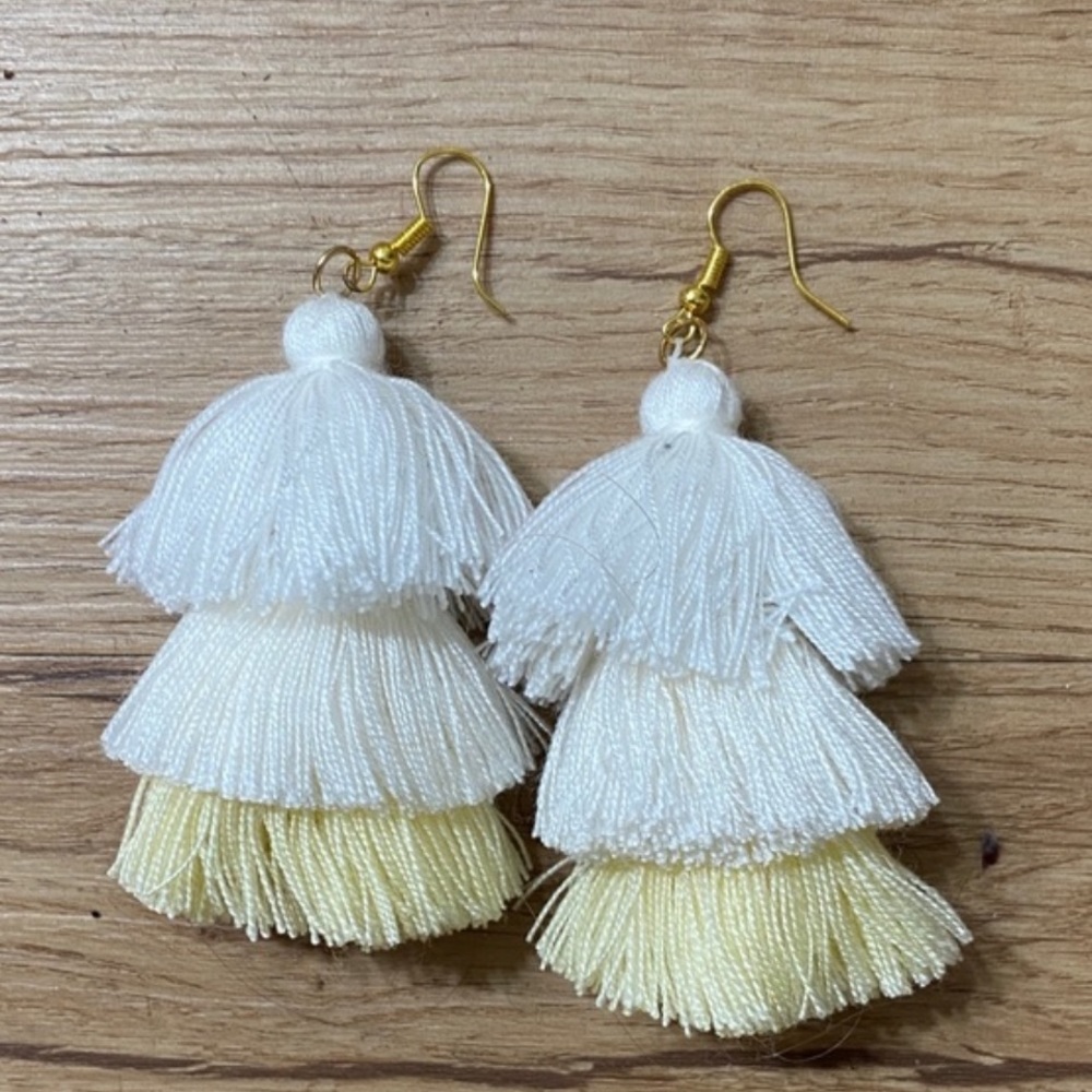3 layer Stacked Tassel Dangle Earrings white, off white & Cream 2.5”